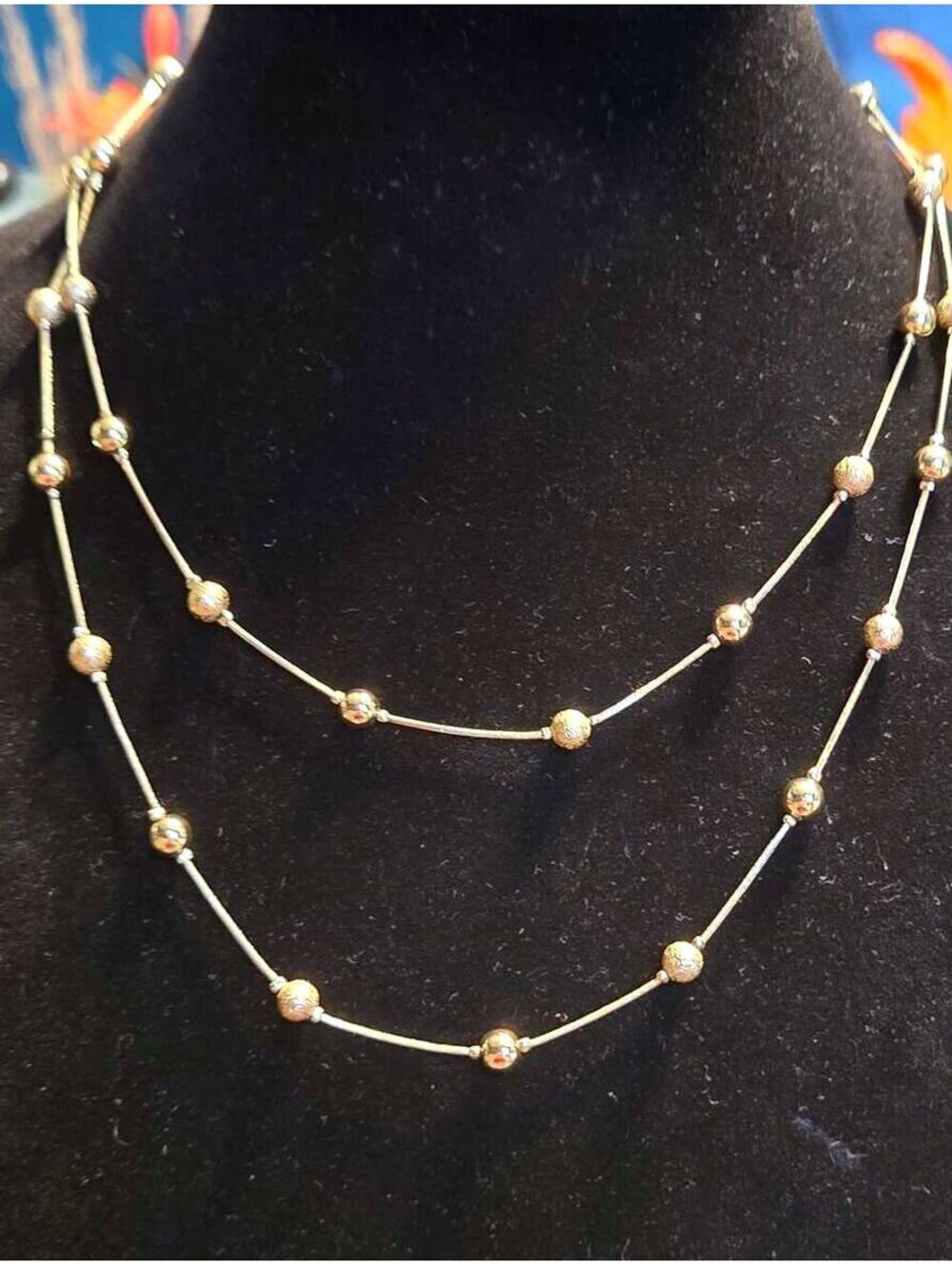 Vintage Goldtone Snake Chain Long Necklace with Textured Ball Stations
